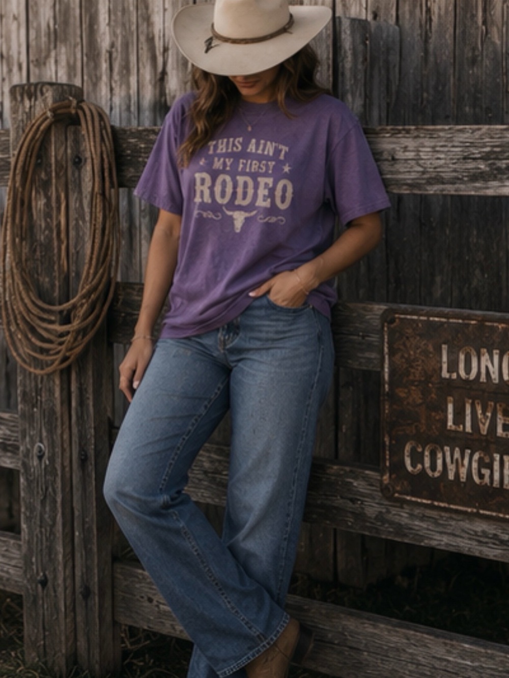 Comfort Colors T-Shirt "This Ain't My First Rodeo" Western Size Large Purple Tee